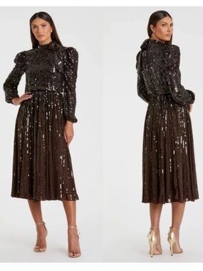 Mac Duggal Dark Brown Sequins Long Sleeve Bow Tea Length Formal Dress Size 6 NEW